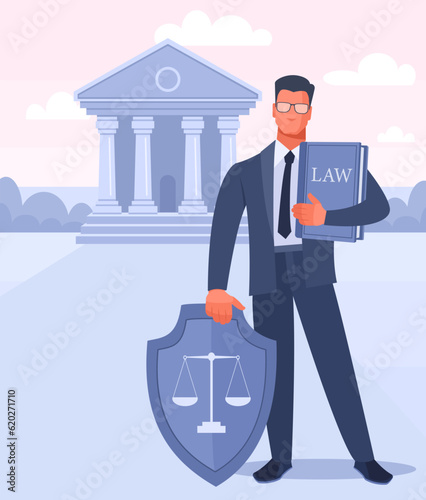 A male lawyer in a suit stands near the court house, holding a law book and a shield with scales in his hands. The concept of justice, services of a lawyer, protection in court. Vector illustration.