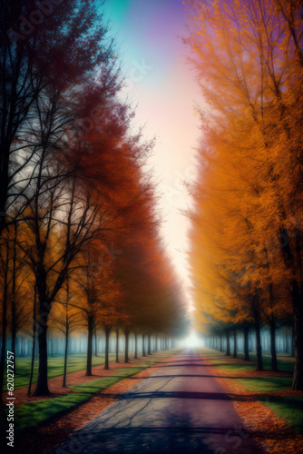 A Painting Of A Road Surrounded By Trees