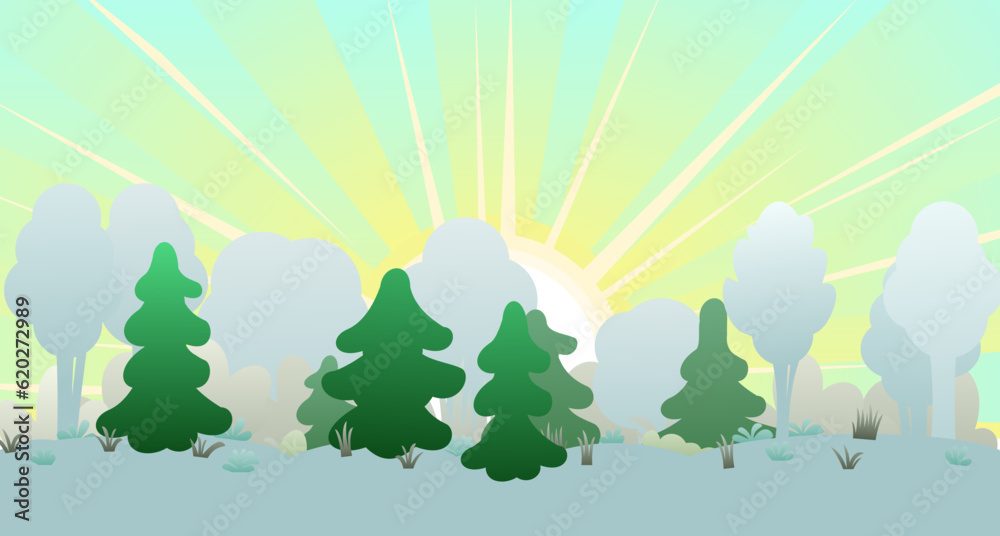 Winter landscape with snowdrifts and snow. View of white cold nature. Cartoon fun style. Flat design. Bright rays of morning sun. Vector