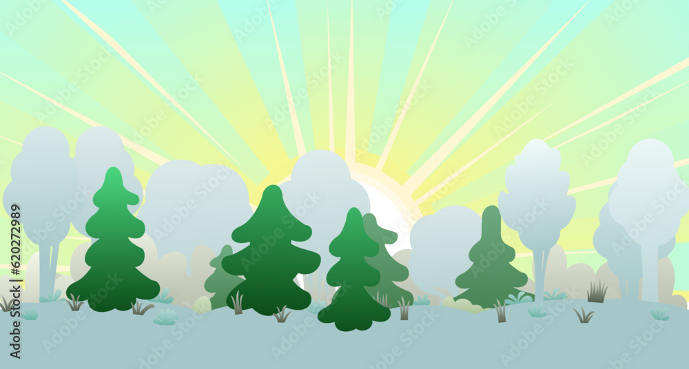Fototapeta premium Winter landscape with snowdrifts and snow. View of white cold nature. Cartoon fun style. Flat design. Bright rays of morning sun. Vector