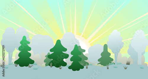 Winter landscape with snowdrifts and snow. View of white cold nature. Cartoon fun style. Flat design. Bright rays of morning sun. Vector