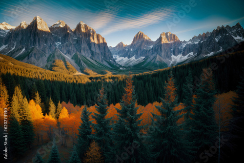 A Painting Of A Forest With Mountains In The Background