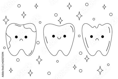 Cute teeth characters with emotion. Smiling, sad tooth and sparkles. The concept of brushing teeth. Child character for dentistry.