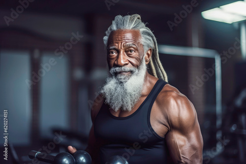 Generative AI illustration of very muscular old man with long gray hair training in a gym with dumbbells.