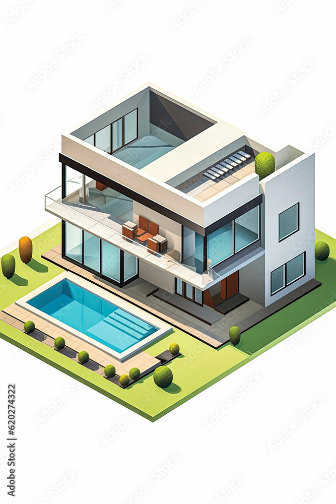 Generative AI 3D Recreation illustration of Isometric Luxury House built with sustainable materials Generative AI 3D Recreation illustration of Isometric Luxury House built with sustainable materials