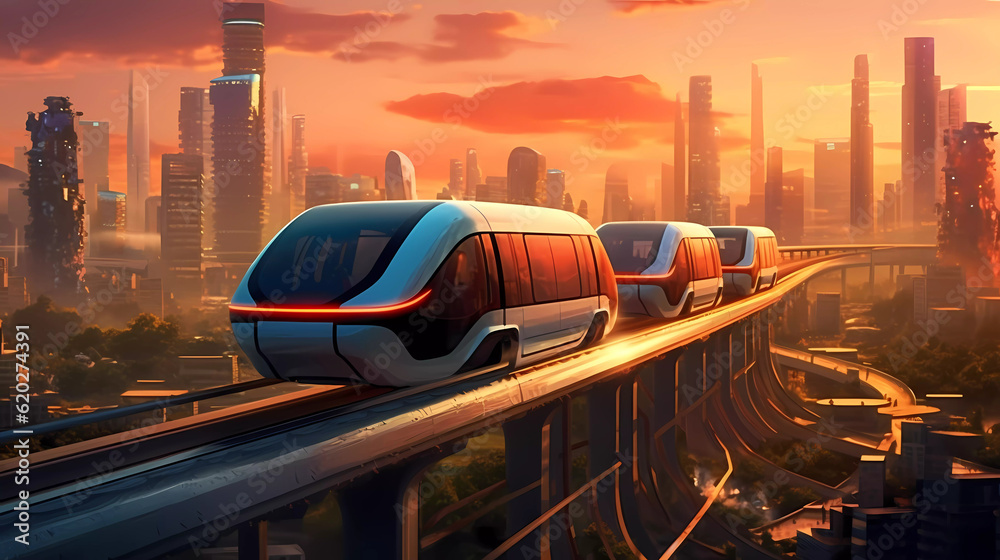 A capsule train passing thru a city in the future, late at night. Generativ AI.