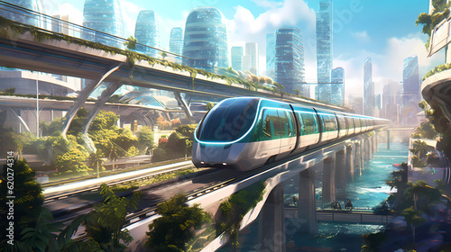 A futuristic city in a green energy world with a really long but sleek train riding into it. Generativ AI.