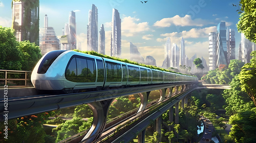 A futuristic city in a green energy world with a really long but sleek train riding into it. Generativ AI.