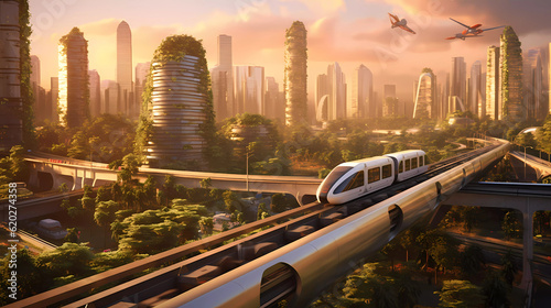 A modern train riding thru a city in the future, early in the morning. Generativ AI.