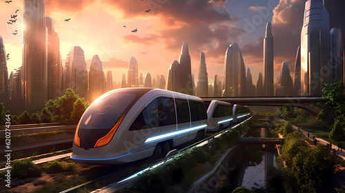 A train passing thru a futuristic city , early in the morning. Generativ AI.