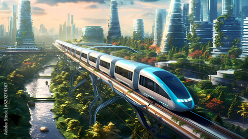 A modern sleek train riding thru a green energy city. Generativ AI.