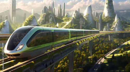 A futuristic city in a green energy world with a train riding into it. Generativ AI.