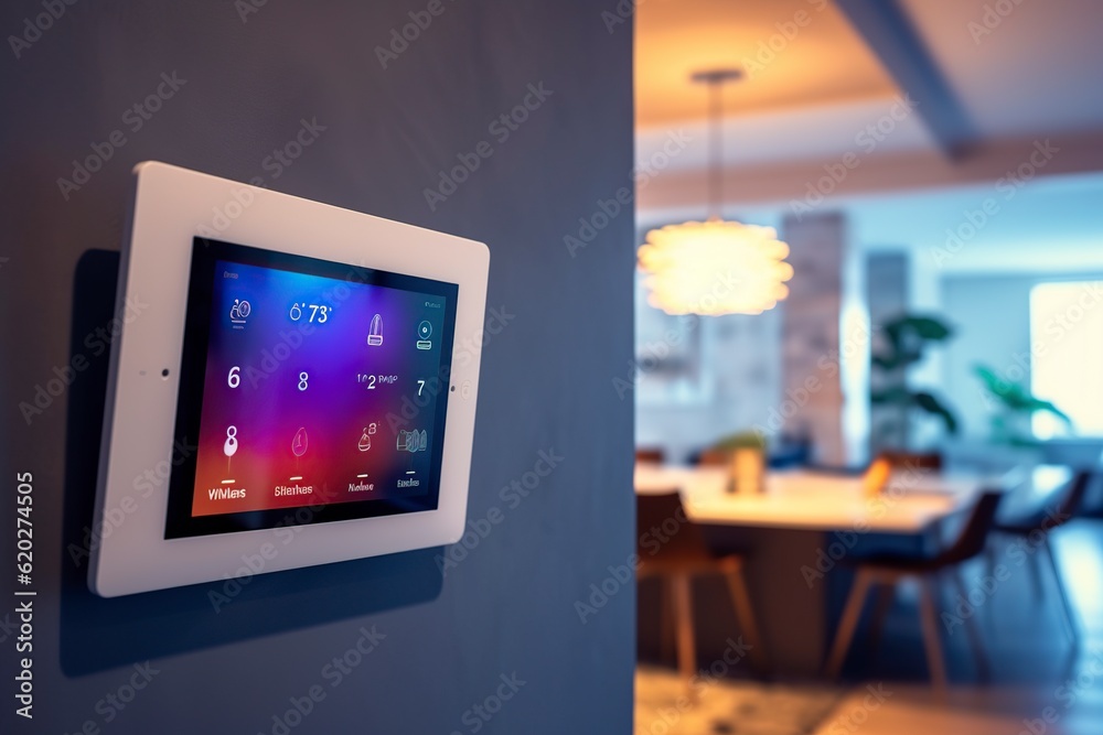 illustration, smart home tablet panel on the wall, ai generative