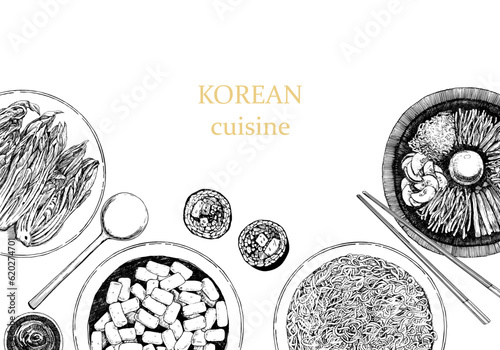 Korean Restaurant Menu. Hand-drawn illustration of dishes and products. Ink. Vector