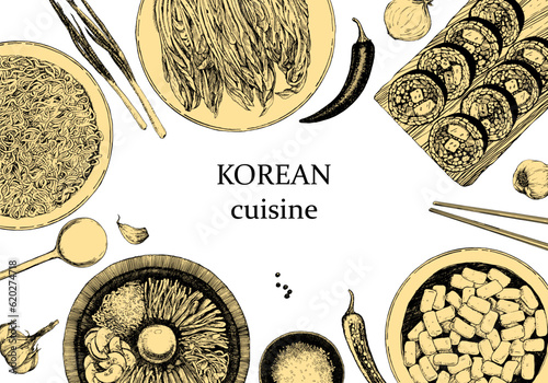 Korean Restaurant Menu. Hand-drawn illustration of dishes and products. Ink. Vector