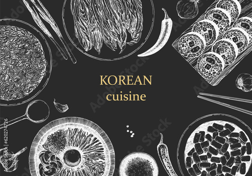 Korean Restaurant Menu. Hand-drawn illustration of dishes and products. Ink. Vector