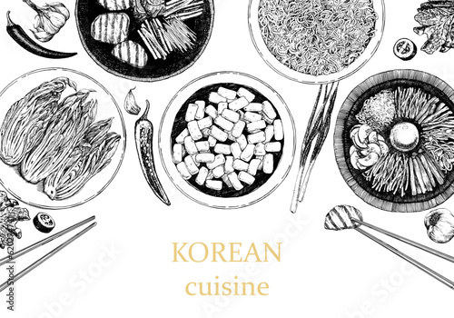 Korean Restaurant Menu. Hand-drawn illustration of dishes and products. Ink. Vector