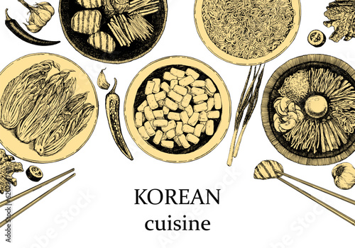 Korean Restaurant Menu. Hand-drawn illustration of dishes and products. Ink. Vector