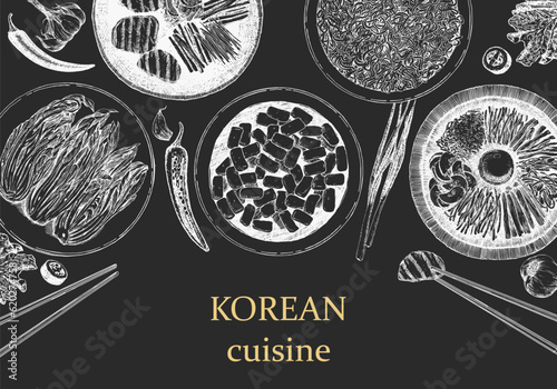 Korean Restaurant Menu. Hand-drawn illustration of dishes and products. Ink. Vector