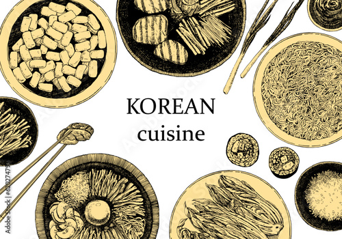 Korean Restaurant Menu. Hand-drawn illustration of dishes and products. Ink. Vector