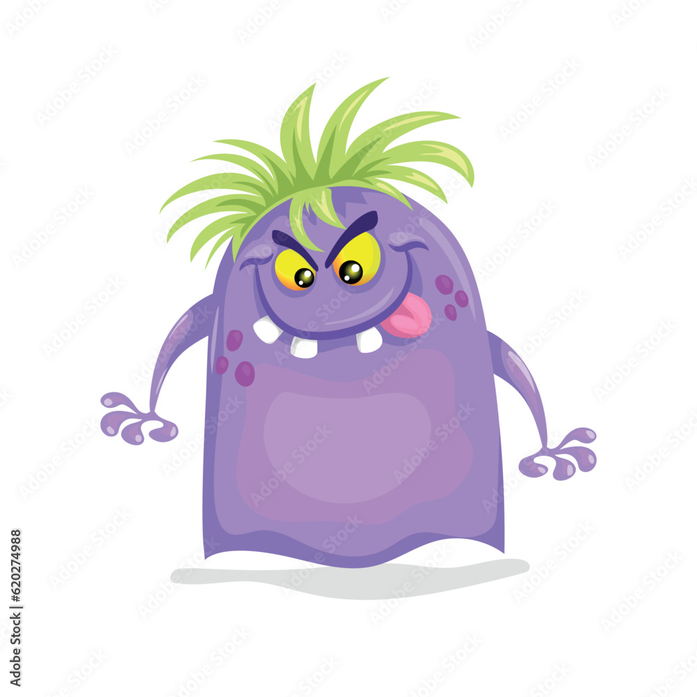 Naklejka premium Cute violet monster. Happy Halloween mascot character. Best for kid parties designs, t-shirt and posters. Vector illustration.
