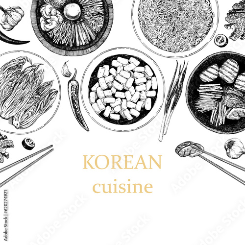 Korean Restaurant Menu. Hand-drawn illustration of dishes and products. Ink. Vector