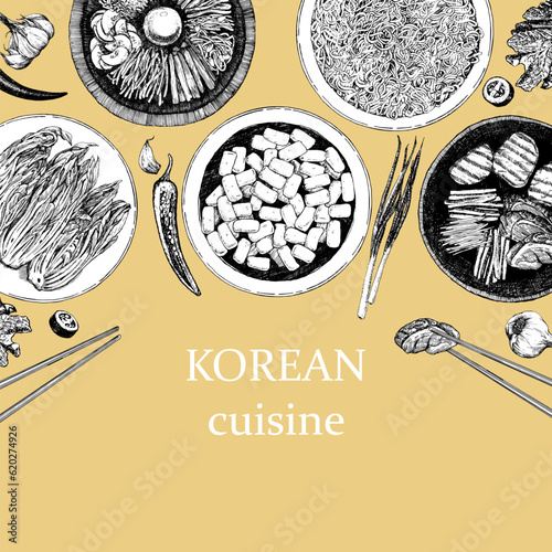 Korean Restaurant Menu. Hand-drawn illustration of dishes and products. Ink. Vector