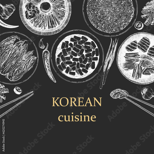Korean Restaurant Menu. Hand-drawn illustration of dishes and products. Ink. Vector