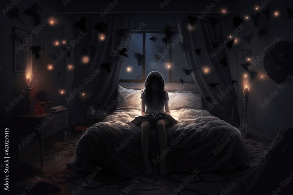 illustration, girl on the bed in the bedroom, ai generative