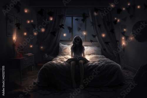 illustration, girl on the bed in the bedroom, ai generative