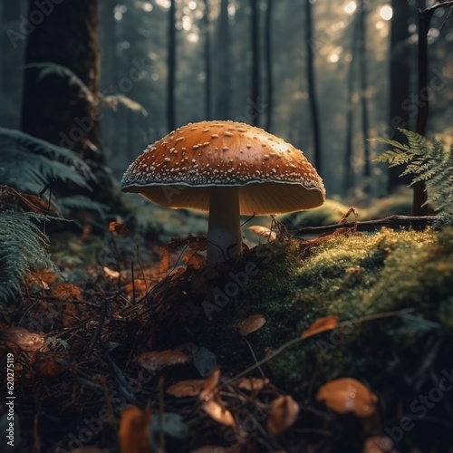 mushroom fly agaric in forest autumn generative ai