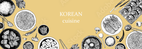 Korean Restaurant Menu. Hand-drawn illustration of dishes and products. Ink. Vector