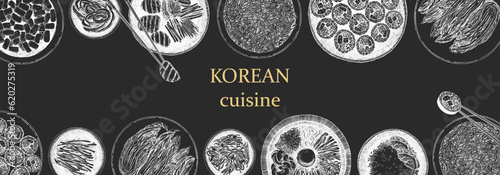 Korean Restaurant Menu. Hand-drawn illustration of dishes and products. Ink. Vector