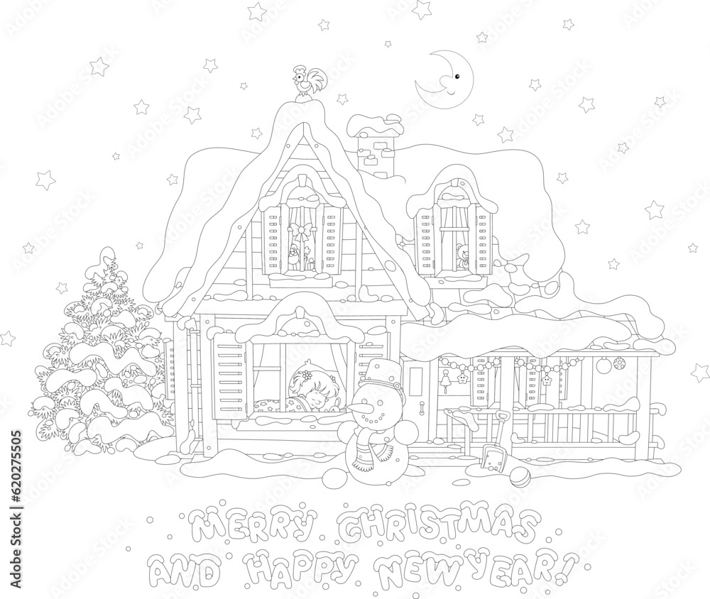 Happy New Year and merry Christmas card with a cute little girl sleeping in her room in a pretty small house on a snowy moonlit winter night, black and white vector cartoon illustration