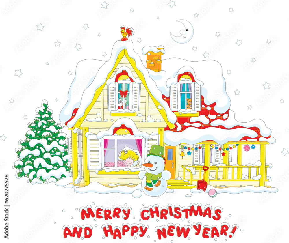 Happy New Year and merry Christmas card with a cute little girl sleeping in her room in a pretty small house on a snowy moonlit winter night, vector cartoon illustration on a white background