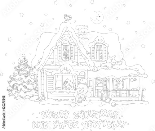Happy New Year and merry Christmas card with a cute little girl sleeping in her room in a pretty small house on a snowy moonlit winter night  black and white vector cartoon illustration