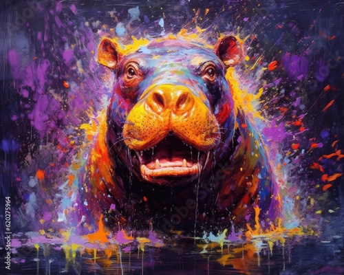 hippo form and spirit through an abstract lens. dynamic and expressive hippo print by using bold brushstrokes, splatters, and drips of paint. hippo raw power and untamed energy