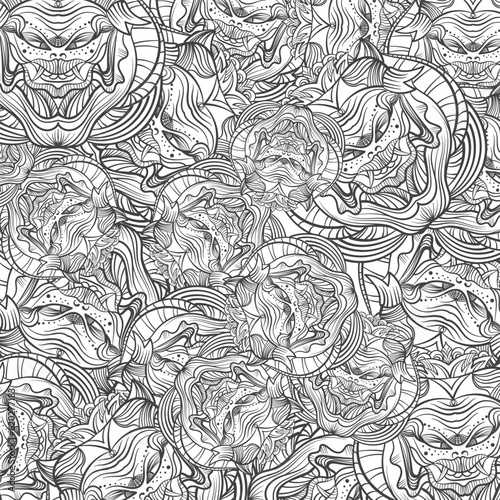 Seamless pattern with abstract snake head. Hand-drawn illustration.