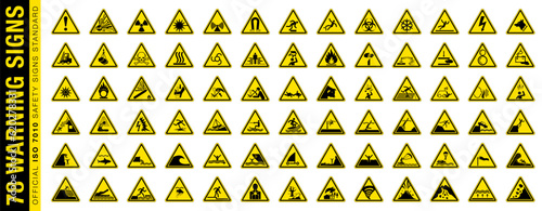 Full set of 78 isolated hazardous symbols on yellow round triangle board warning sign. Official ISO 7010 safety signs standard.
