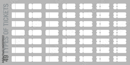 Set of 49 unique blank or empty ticket template. Cinema, theater, concert and boarding tickets, discount and sales coupons. Vector illustration isolated on transparent background.