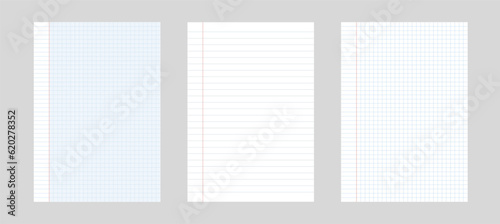 Set of 3 simple vector paper illustration. Paper in a cell and a line from block isolated on gray background.
