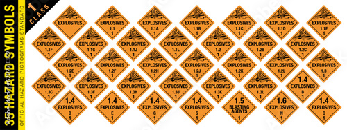 Full set of 35 Class 1 isolated hazardous material signs. Explosive materials. Hazmat isolated placards. Official Hazard pictograms standard.