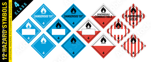 Full set of 12 Class 4 isolated hazardous material signs. Dangerous, spontaneously combustible, flammable solid. Hazmat isolated placards. Official Hazard pictograms standard.