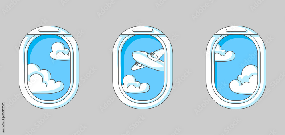 Airplane windows with clouds. Travel illustration and tourism background.