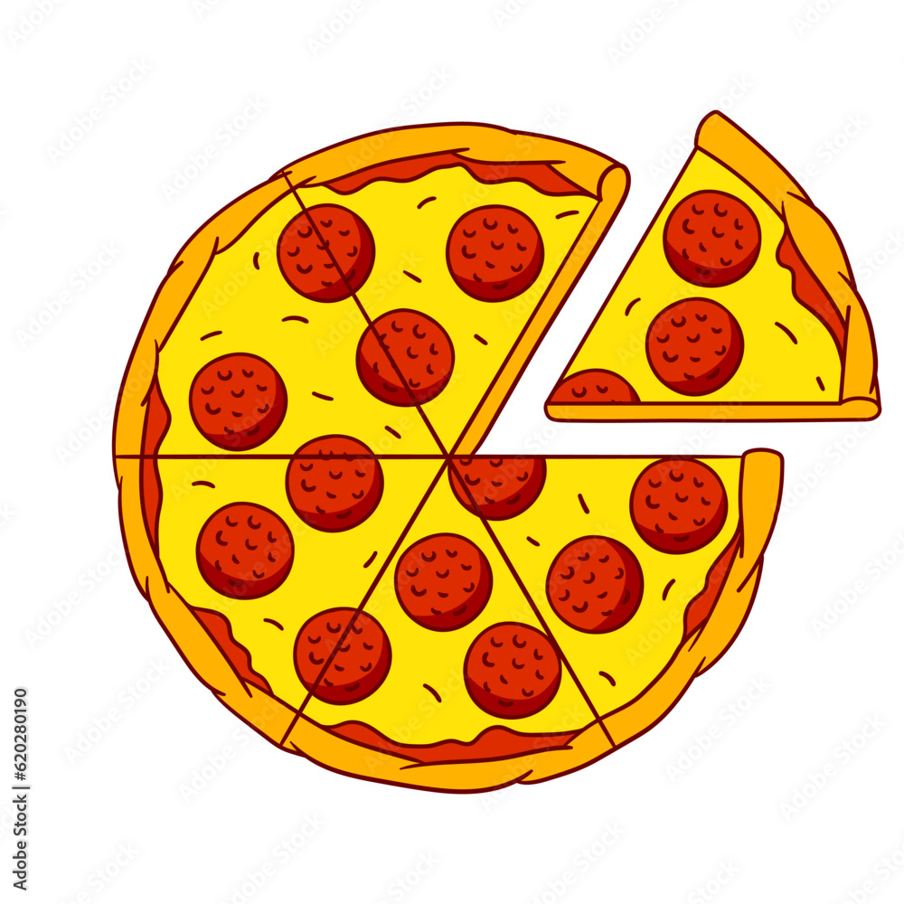 Tasty pizza slice separated. Delicious fast food meal. Illustration for cafe menu. Tasty pizza slice separated. Delicious fast food meal. Illustration for cafe menu.