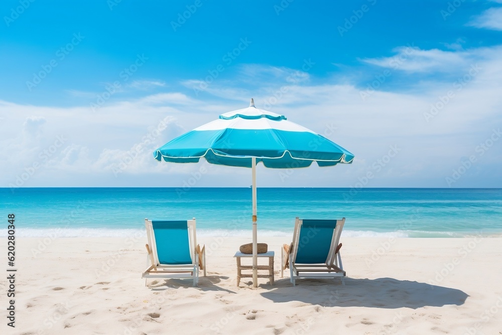 Relaxation Enhanced Beach Chairs with Umbrella on Beautiful Sand. Generative AI
