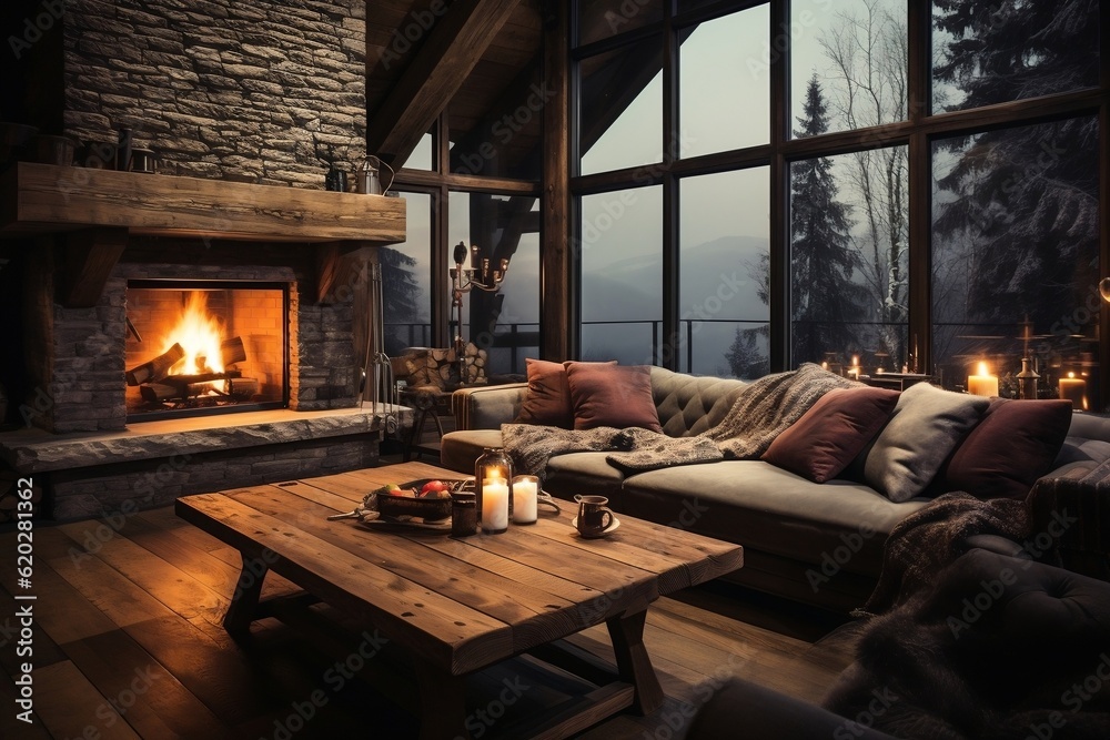 Cozy Interior of a Wooden Cottage with a Fireplace. Generative AI