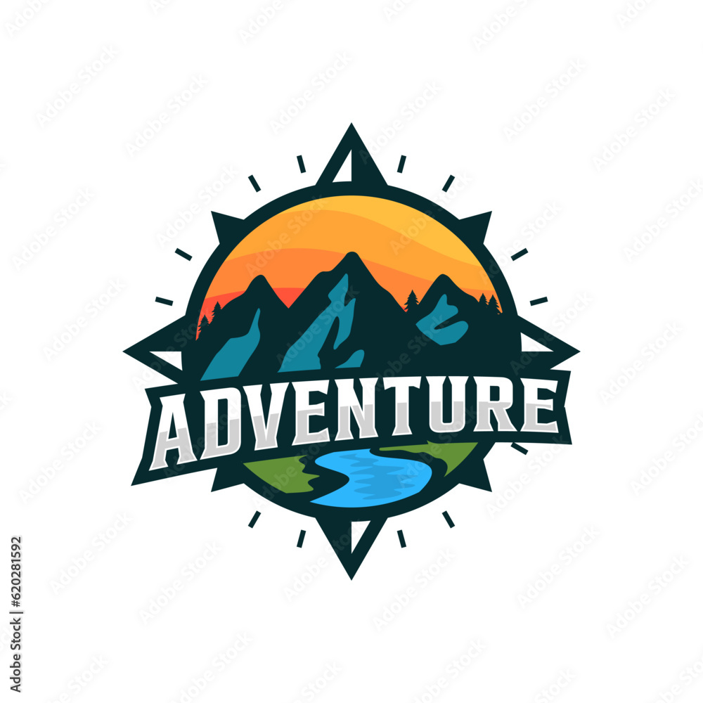 Adventure Logo with Mountain and Compass Design Vector Illustration Template