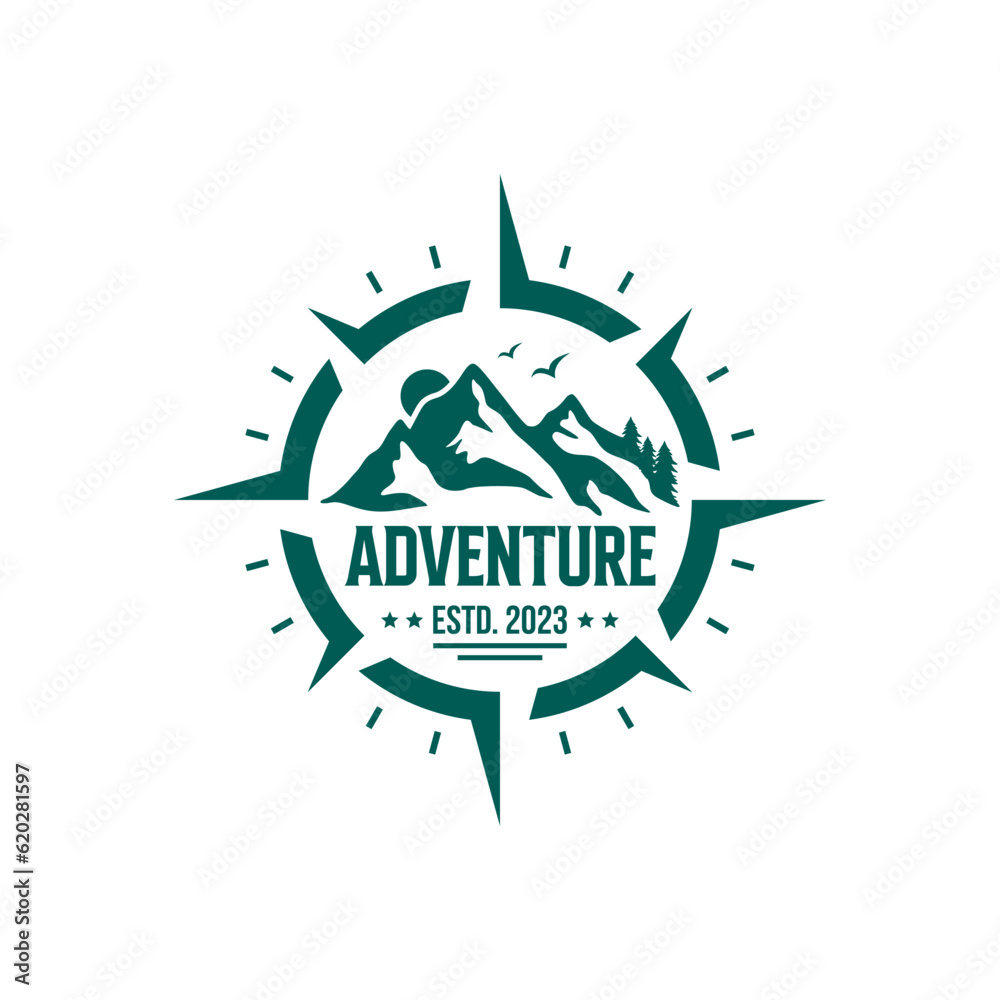 Adventure Logo with Mountain and Compass Design Vector Illustration Template Adventure Logo with Mountain and Compass Design Vector Illustration Template