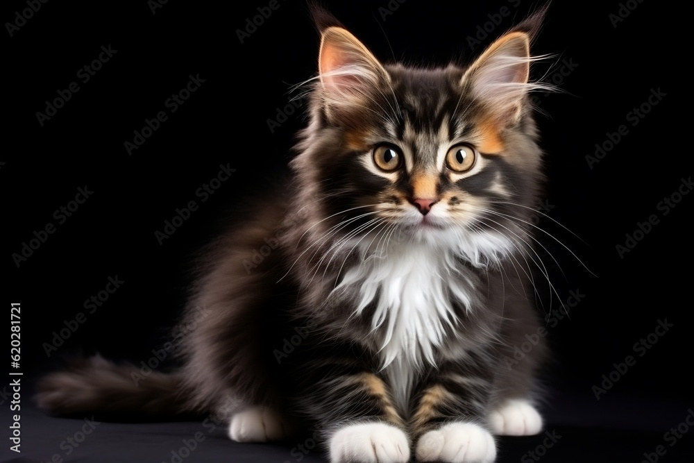 Adorable Fluffy Kitten on a Black Background with Playful Eyes. Generative AI